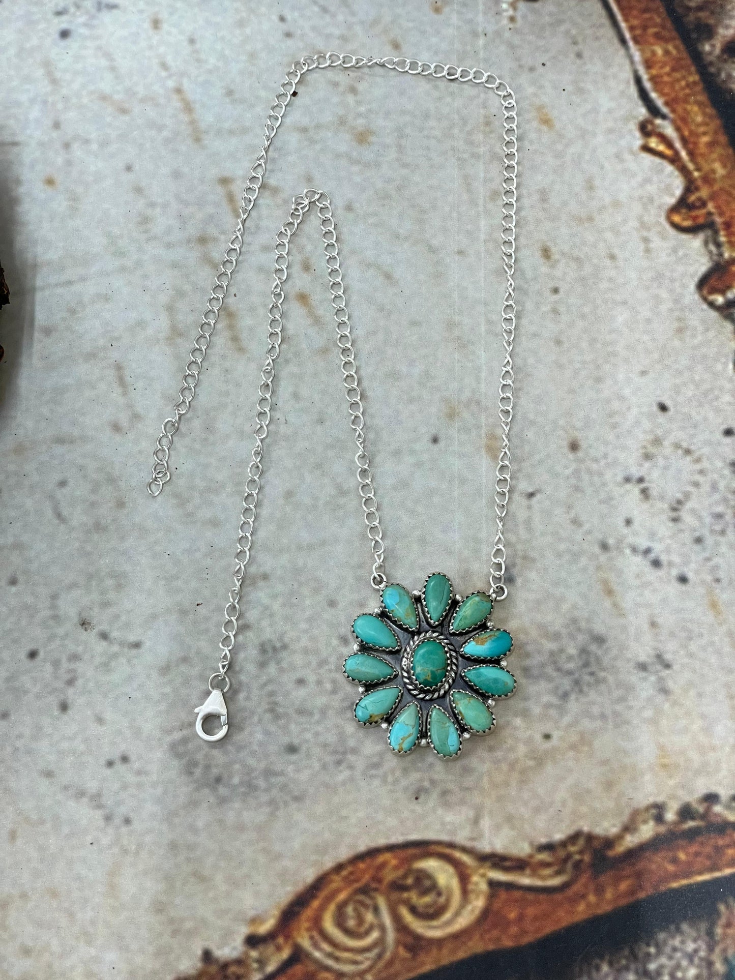 Handmade Sterling Silver Kingman Turquoise Necklace with Signed Nizhoni