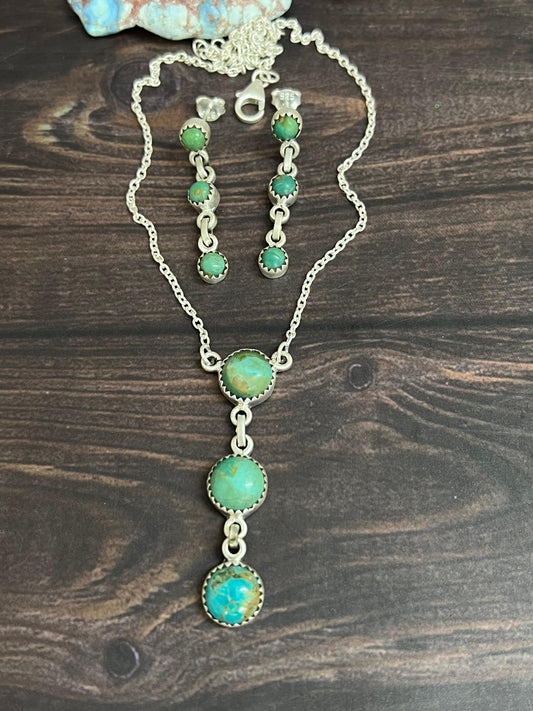 Handmade Sterling Silver Kingman Turquoise Necklace Earrings Set with Signed Nizhoni