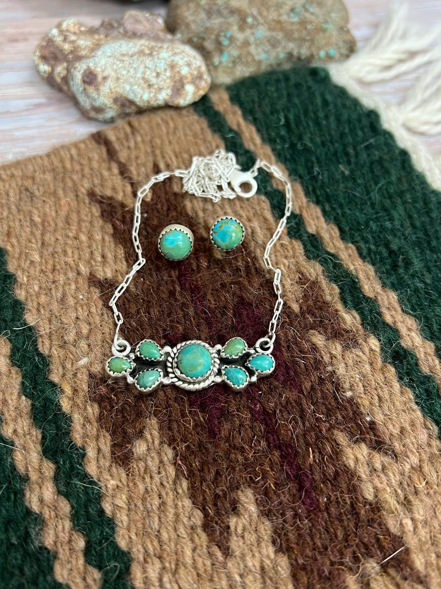 Handmade Sterling Silver Kingman Turquoise Necklace Earrings Set with Signed Nizhoni