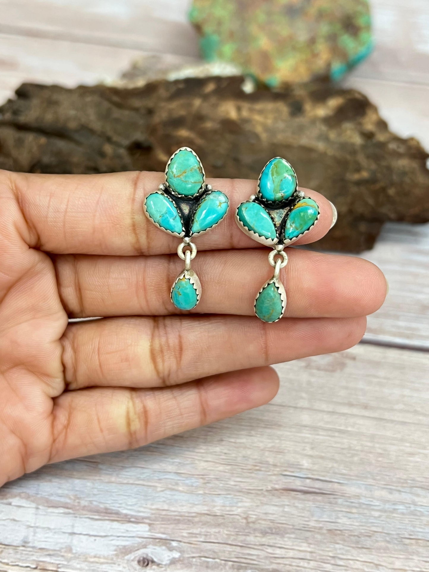 Handmade Sterling Silver Kingman Turquoise Post Dangle Earrings with Signed Nizhoni