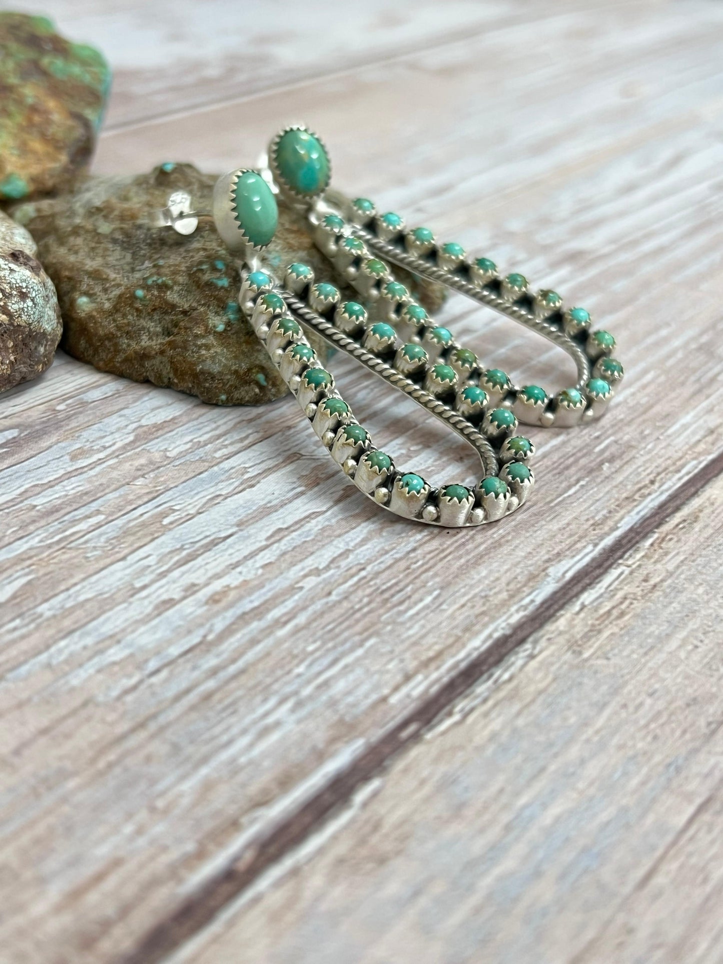 Handmade Sterling Silver Kingman Turquoise Post Dangle Earrings with Signed Nizhoni