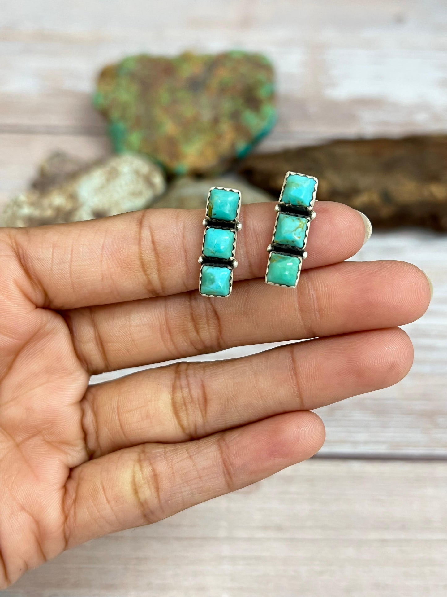 Handmade Sterling Silver Kingman Turquoise Post Studs with Signed Nizhoni