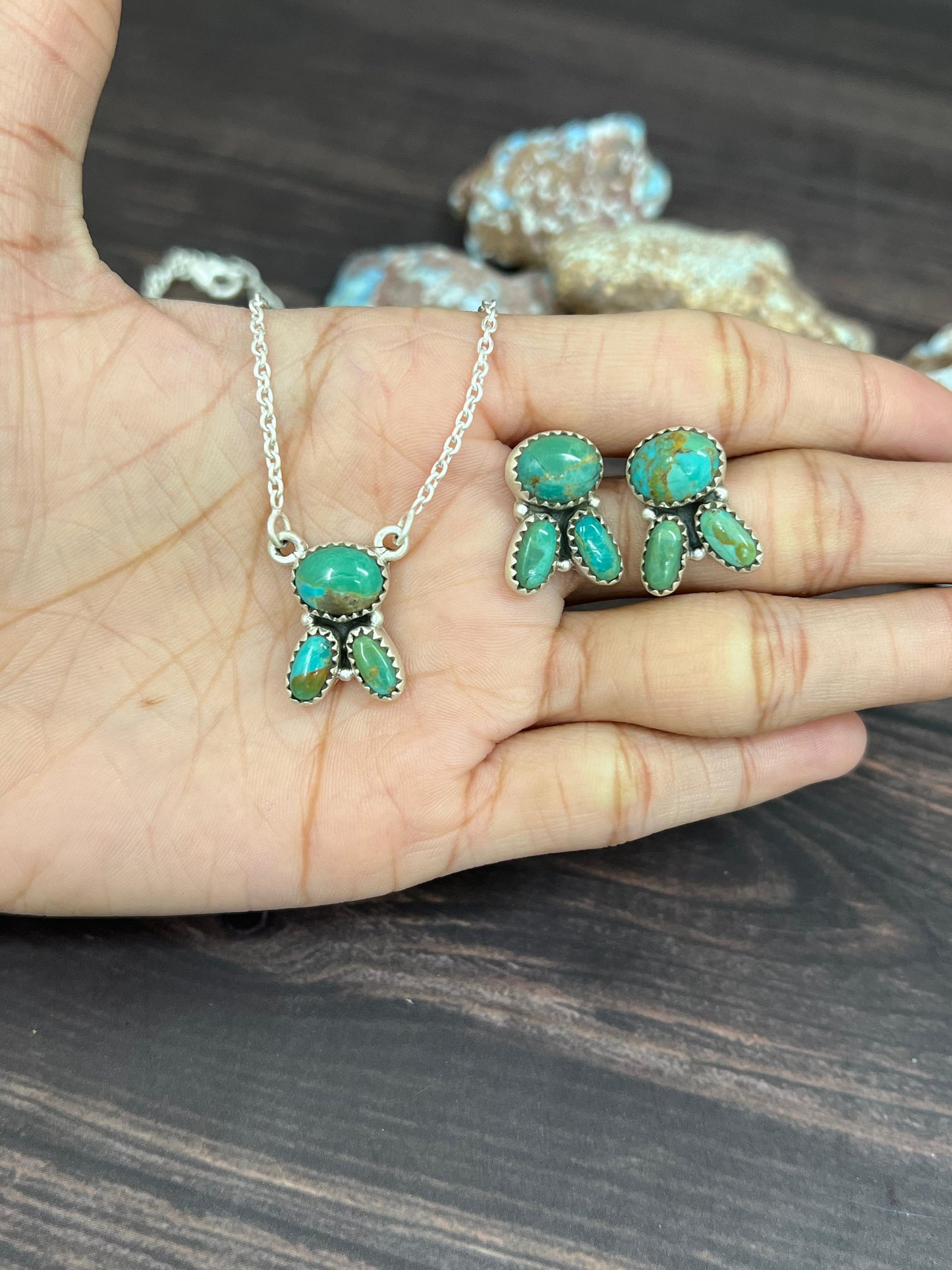Handmade Sterling Silver Kingman Turquoise Necklace Earrings Set with Signed Nizhoni