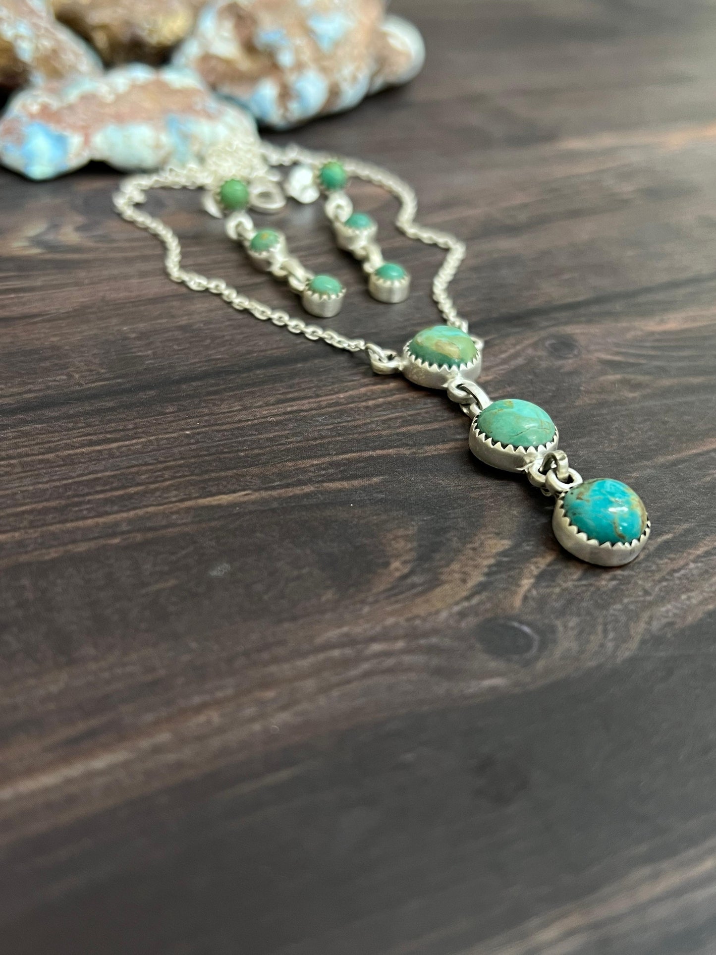 Handmade Sterling Silver Kingman Turquoise Necklace Earrings Set with Signed Nizhoni