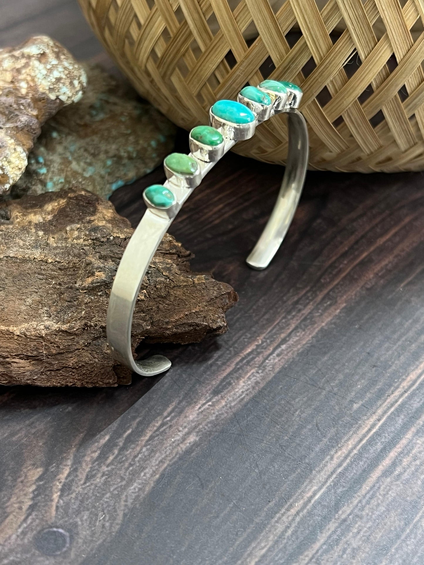 Handmade Sterling Silver Emerald Valley Turquoise Bracelet with Signed Nizhoni