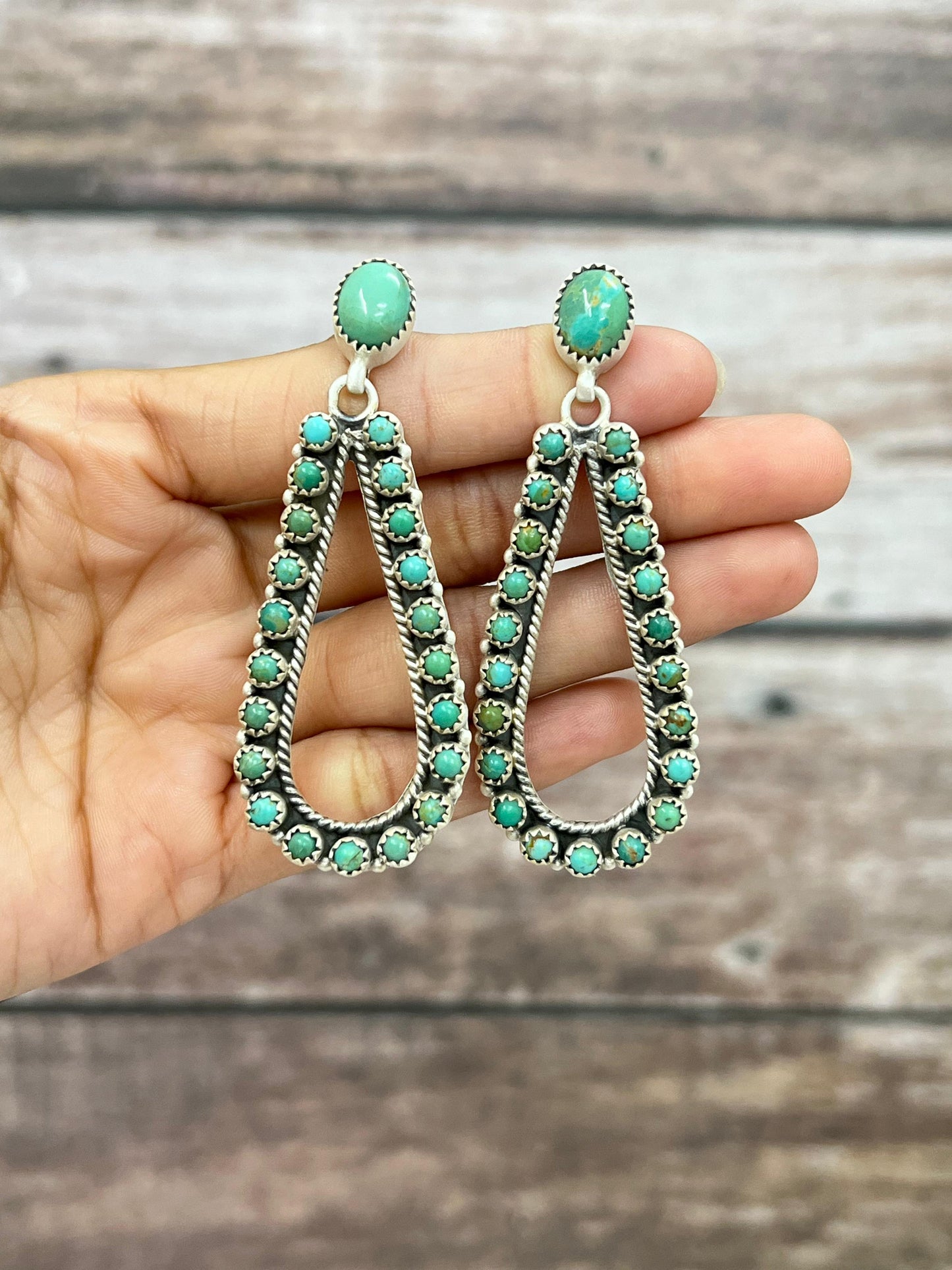 Handmade Sterling Silver Kingman Turquoise Post Dangle Earrings with Signed Nizhoni