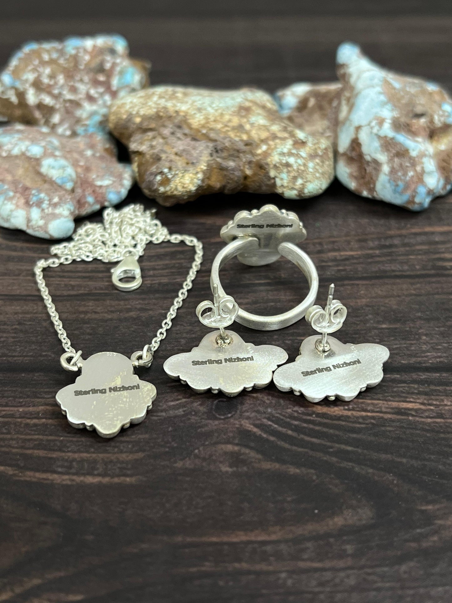 Handmade 'Sterling Silver' Necklace Earrings and Ring Set with Signed Nizhoni