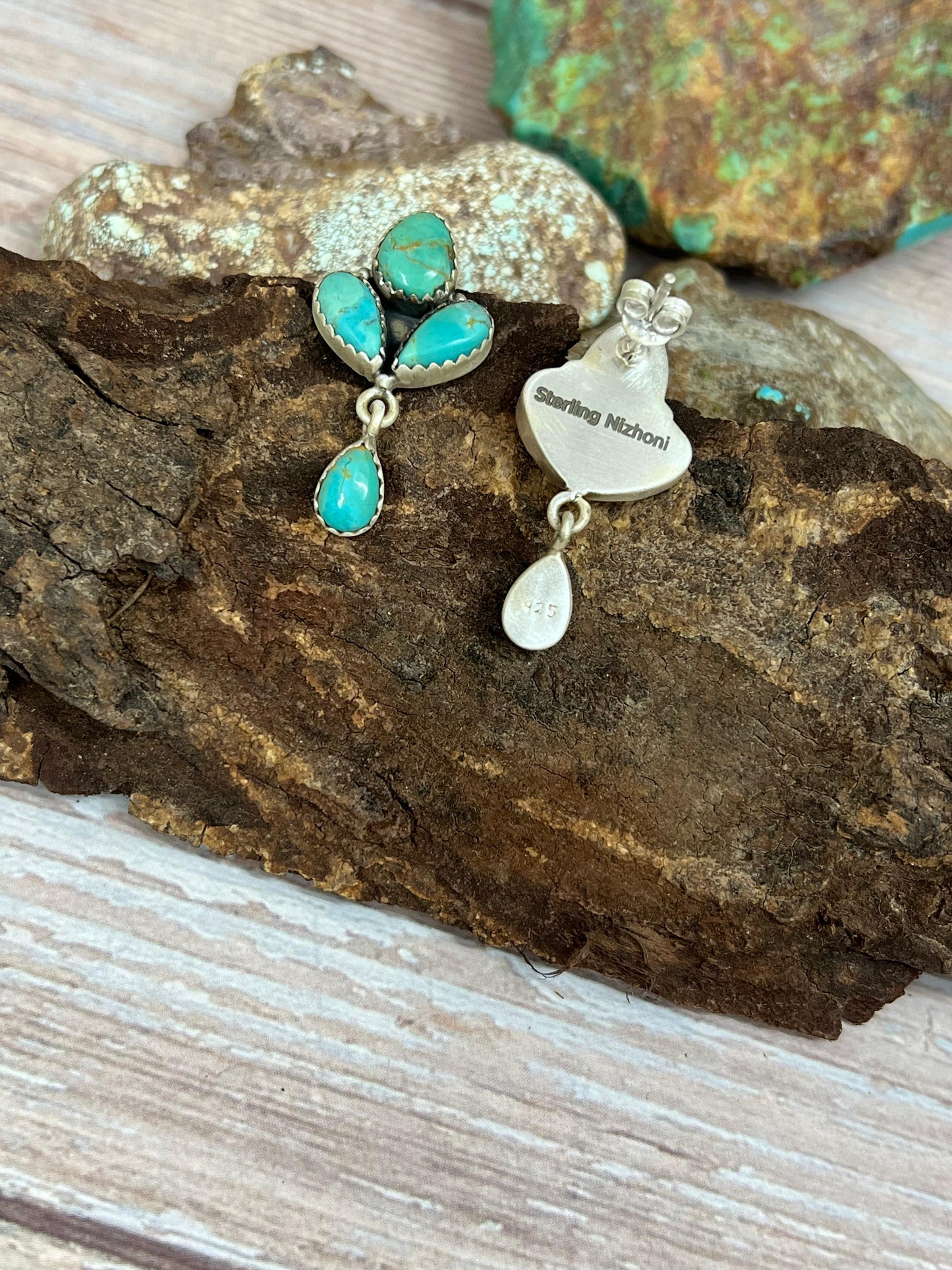 Handmade Sterling Silver Kingman Turquoise Post Dangle Earrings with Signed Nizhoni