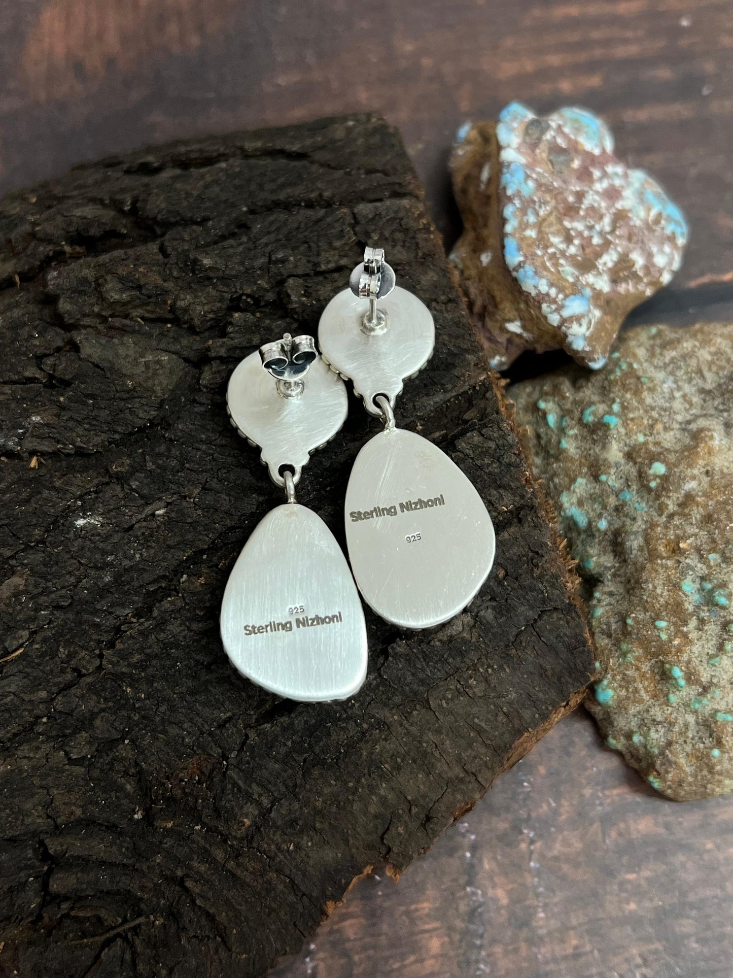 Handmade Sterling Silver Mantis Turquoise Post Dangle Earrings Signed Nizhoni