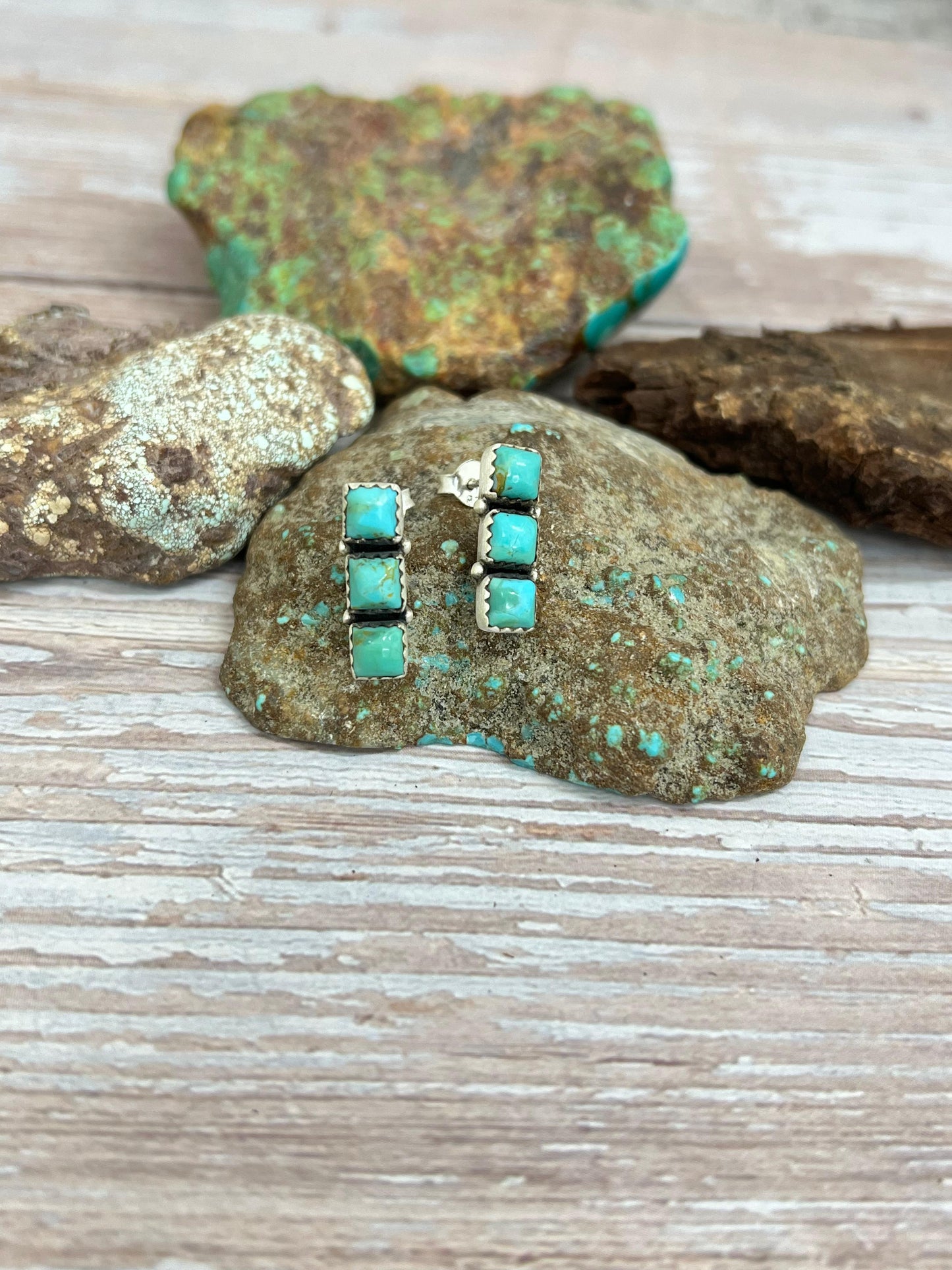 Handmade Sterling Silver Kingman Turquoise Post Studs with Signed Nizhoni