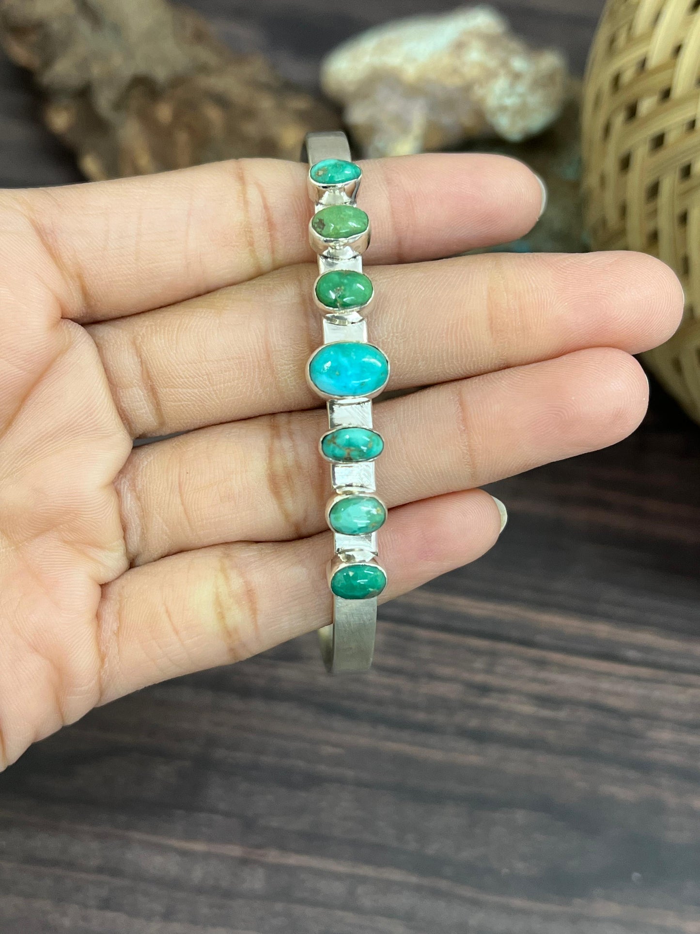 Handmade Sterling Silver Emerald Valley Turquoise Bracelet with Signed Nizhoni