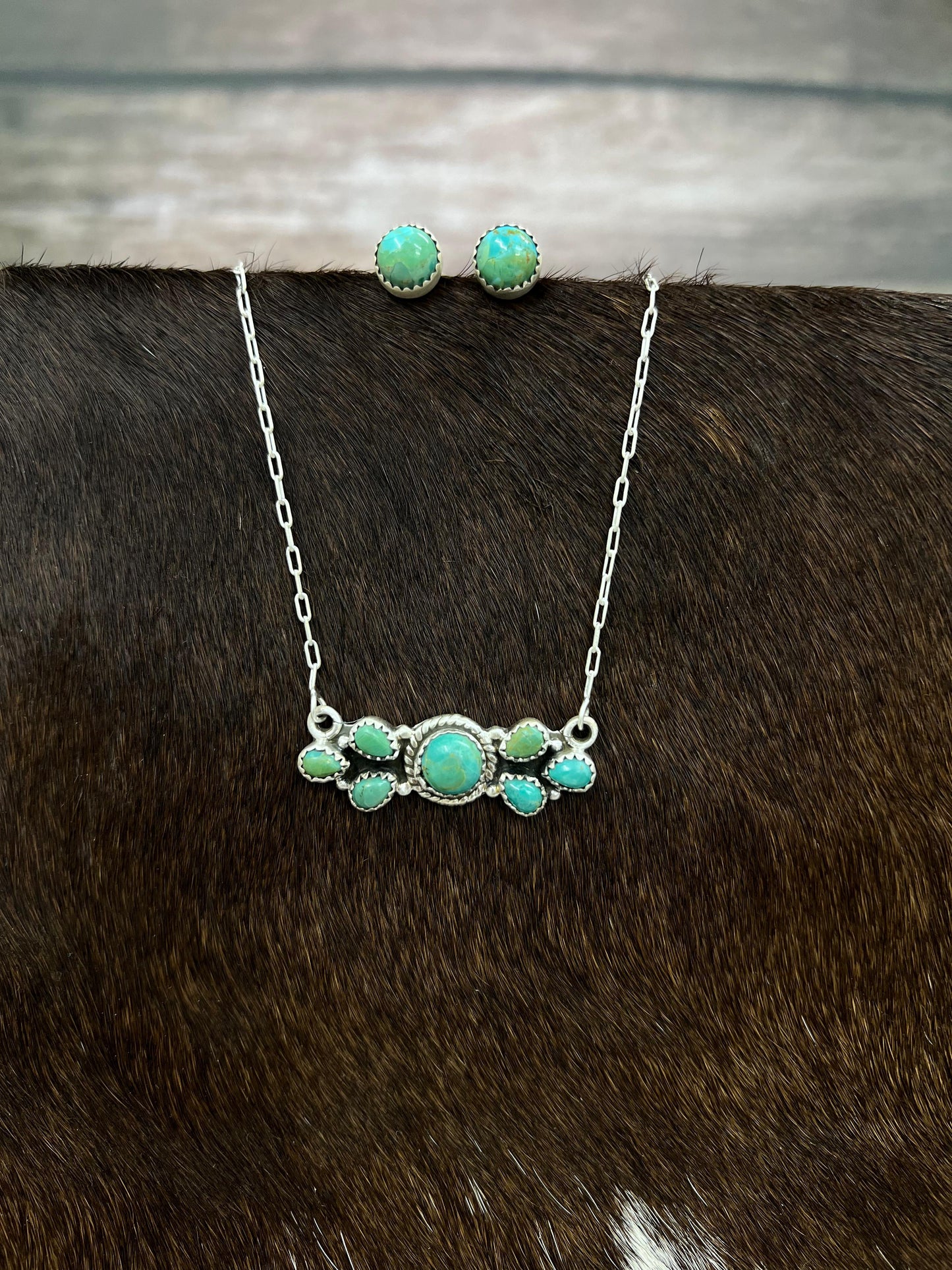 Handmade Sterling Silver Kingman Turquoise Necklace Earrings Set with Signed Nizhoni