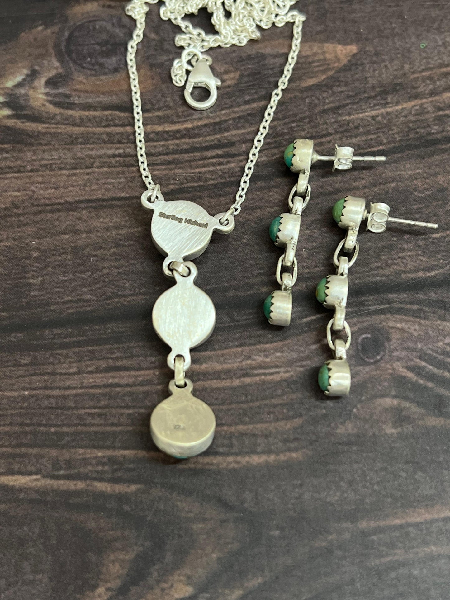 Handmade Sterling Silver Kingman Turquoise Necklace Earrings Set with Signed Nizhoni