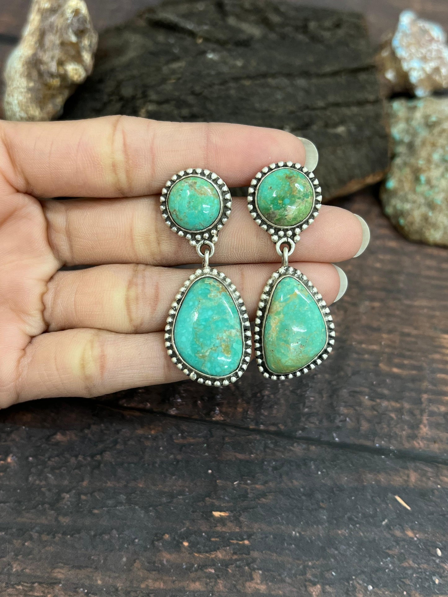 Handmade Sterling Silver Mantis Turquoise Post Dangle Earrings Signed Nizhoni