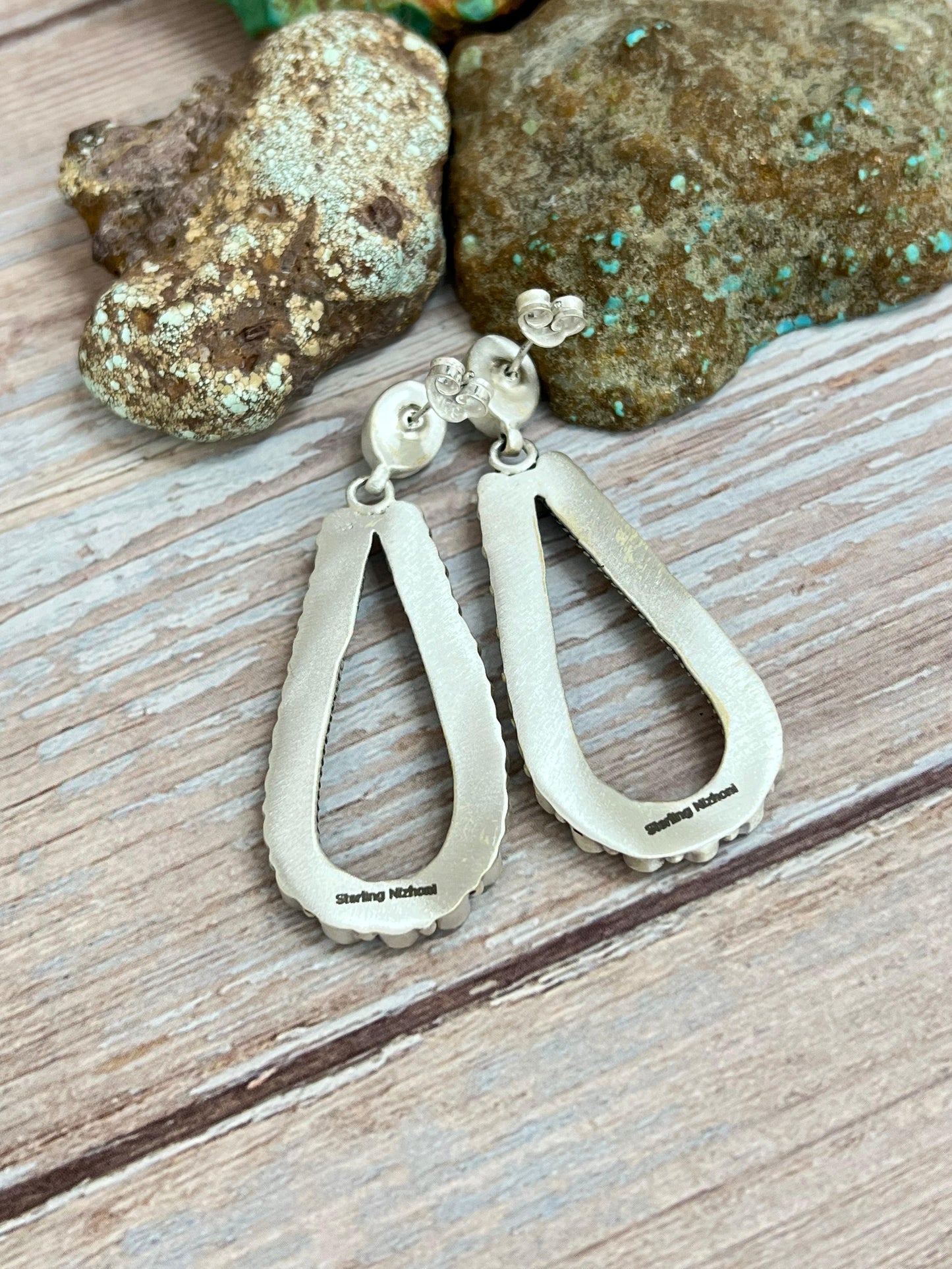 Handmade Sterling Silver Kingman Turquoise Post Dangle Earrings with Signed Nizhoni