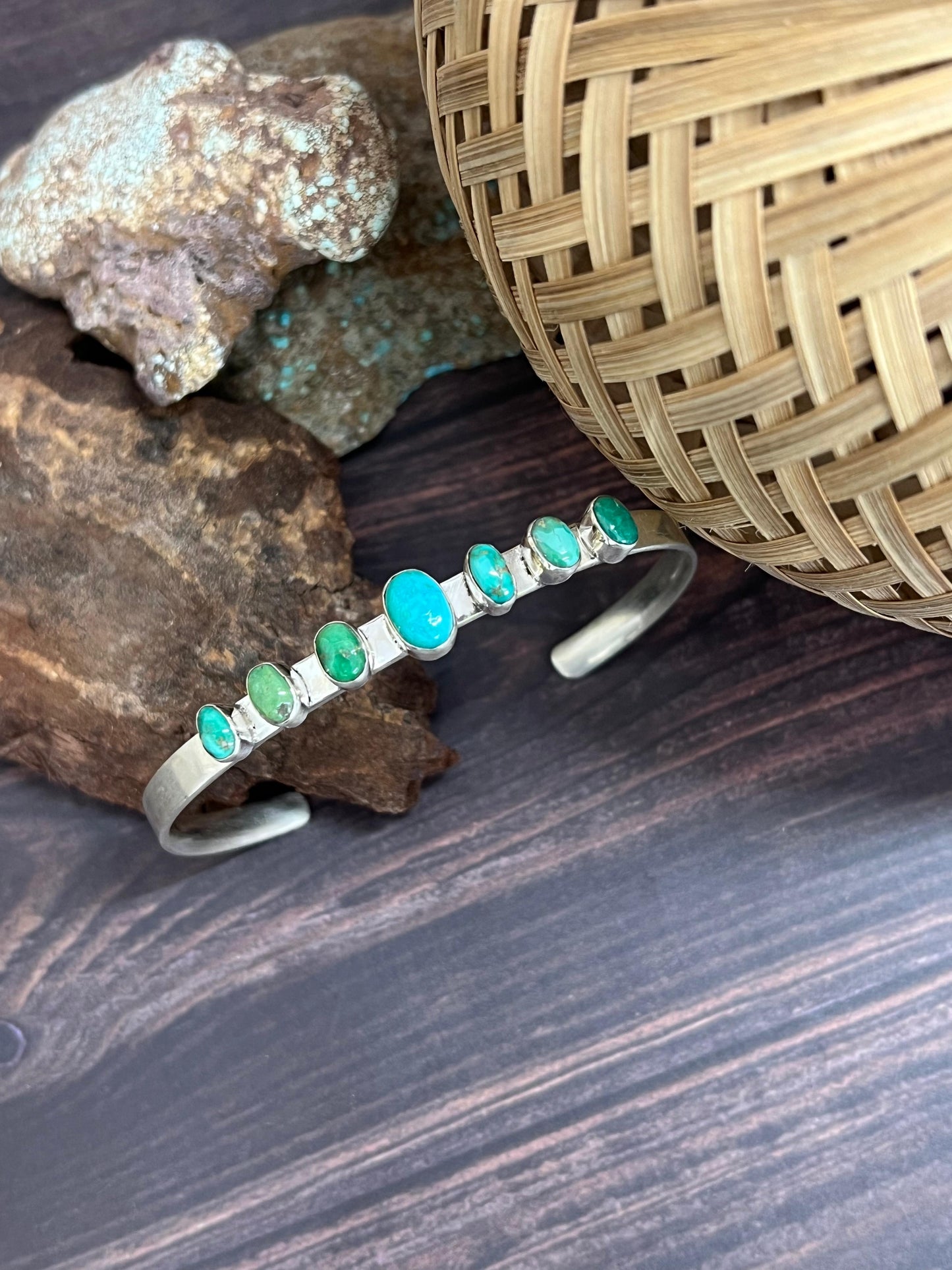 Handmade Sterling Silver Emerald Valley Turquoise Bracelet with Signed Nizhoni