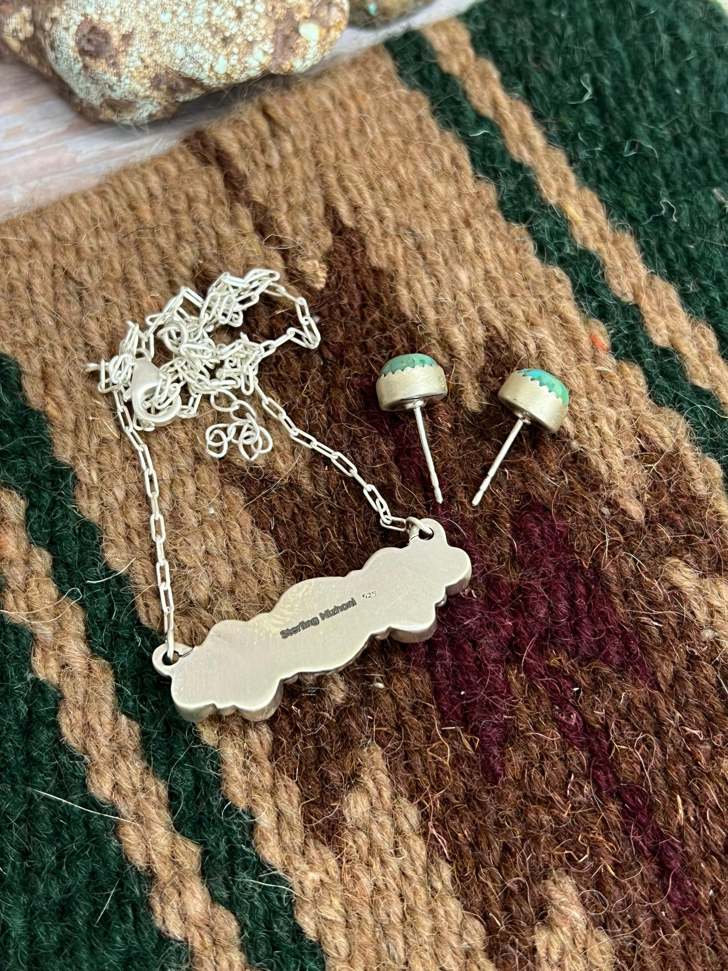 Handmade Sterling Silver Kingman Turquoise Necklace Earrings Set with Signed Nizhoni