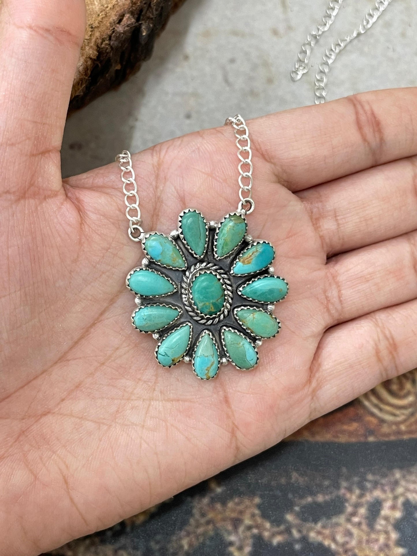 Handmade Sterling Silver Kingman Turquoise Necklace with Signed Nizhoni