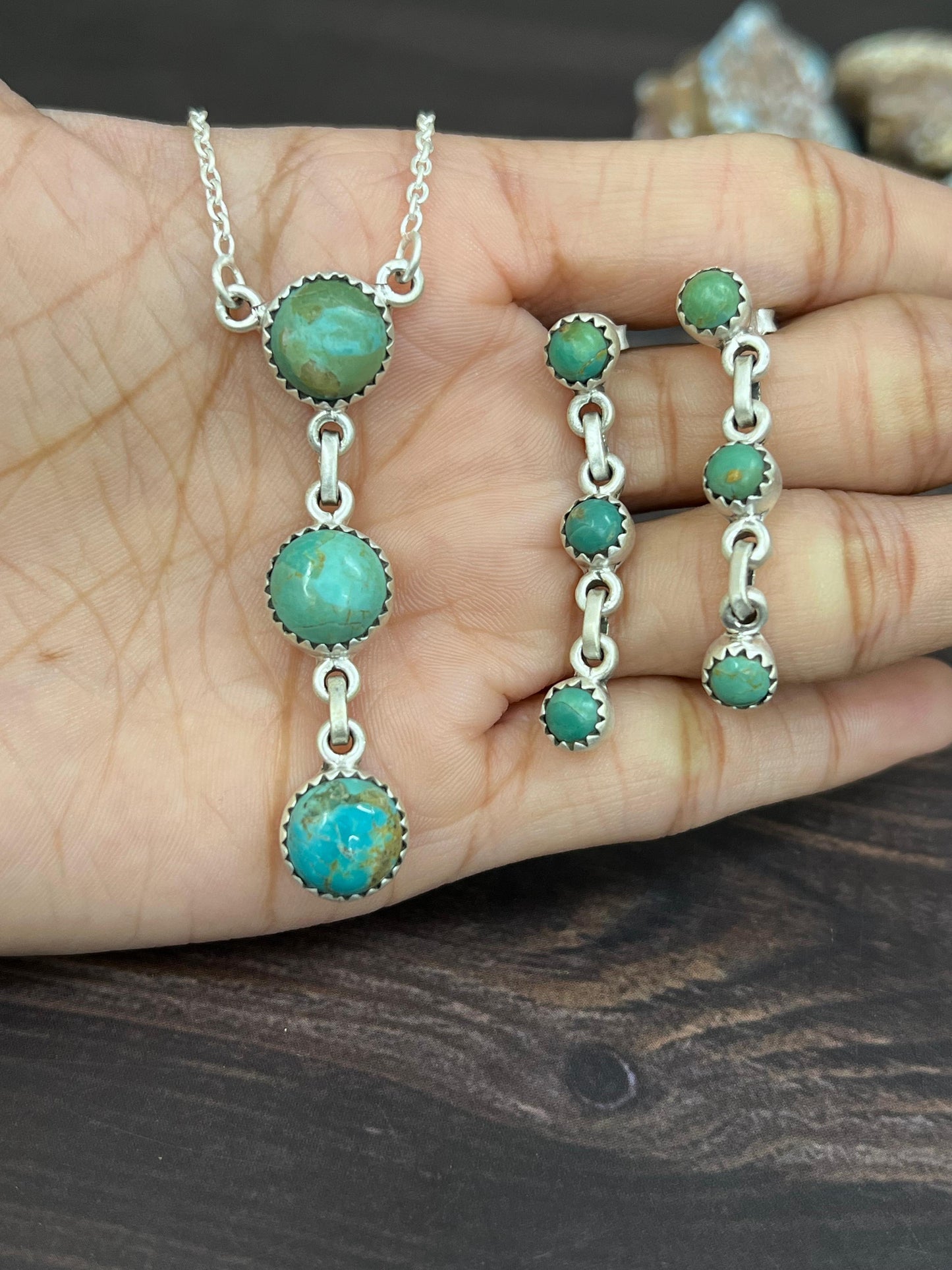 Handmade Sterling Silver Kingman Turquoise Necklace Earrings Set with Signed Nizhoni