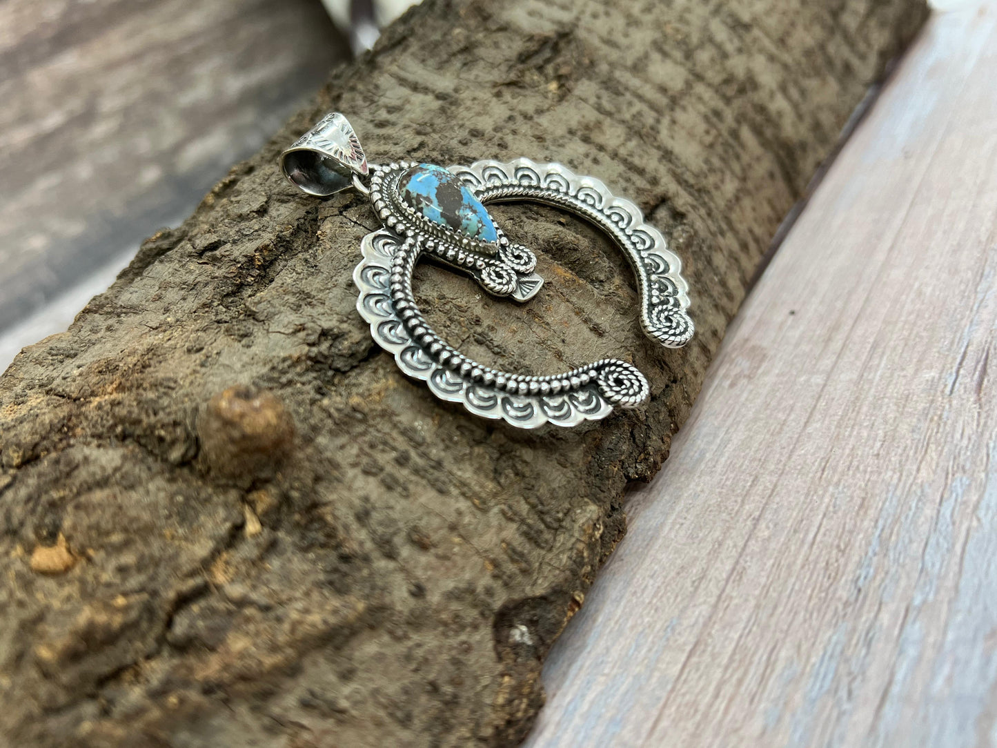 Handmade Sterling Silver Golden Hills Turquoise Pendant with Signed Nizhoni