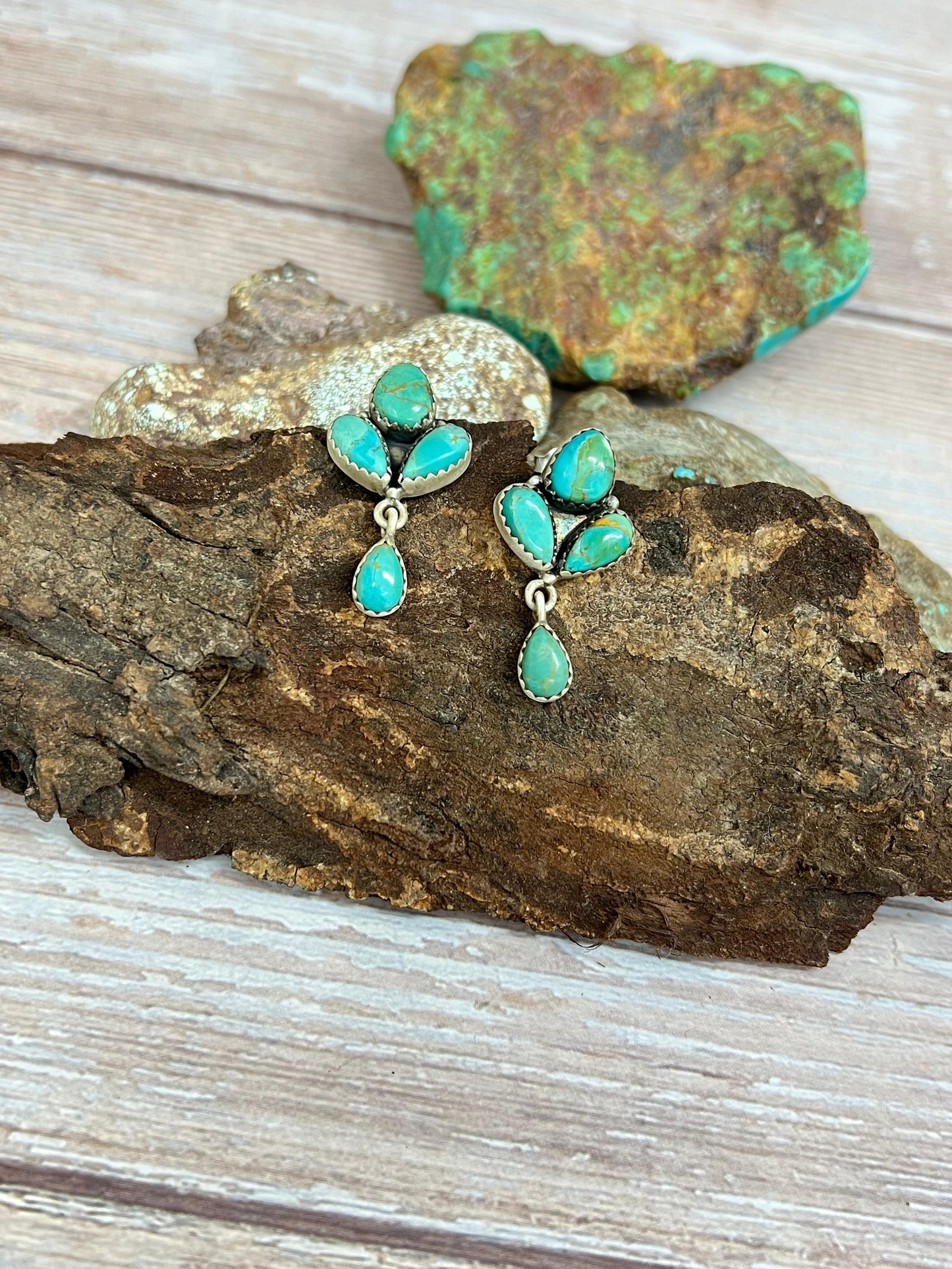 Handmade Sterling Silver Kingman Turquoise Post Dangle Earrings with Signed Nizhoni