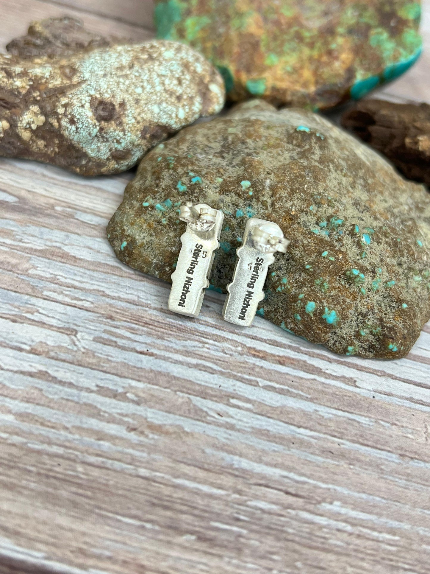 Handmade Sterling Silver Kingman Turquoise Post Studs with Signed Nizhoni