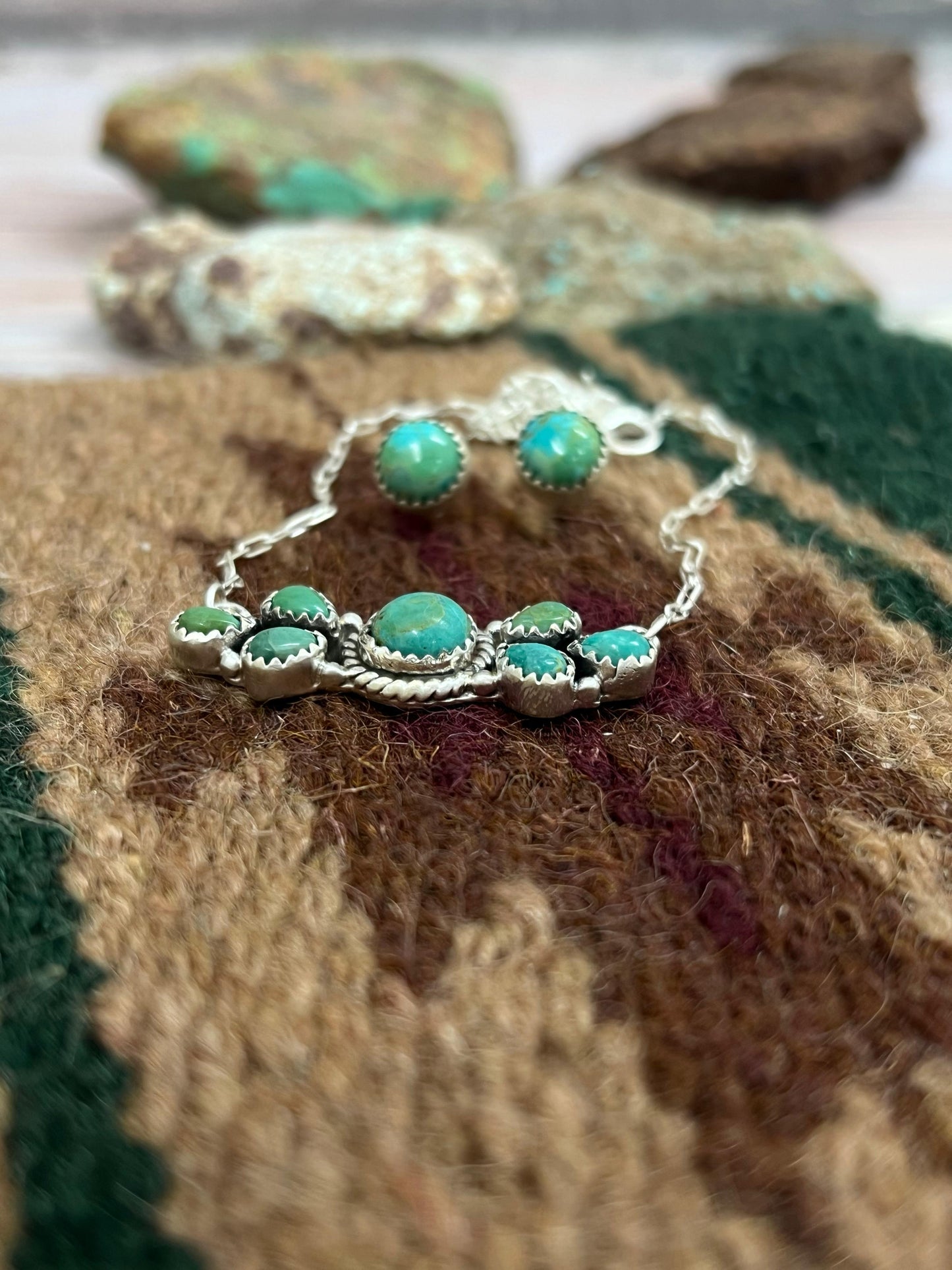 Handmade Sterling Silver Kingman Turquoise Necklace Earrings Set with Signed Nizhoni