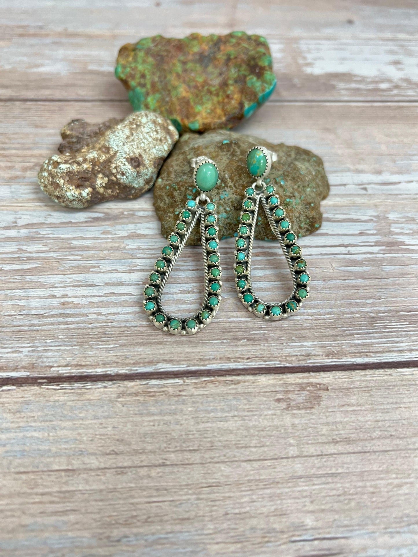 Handmade Sterling Silver Kingman Turquoise Post Dangle Earrings with Signed Nizhoni