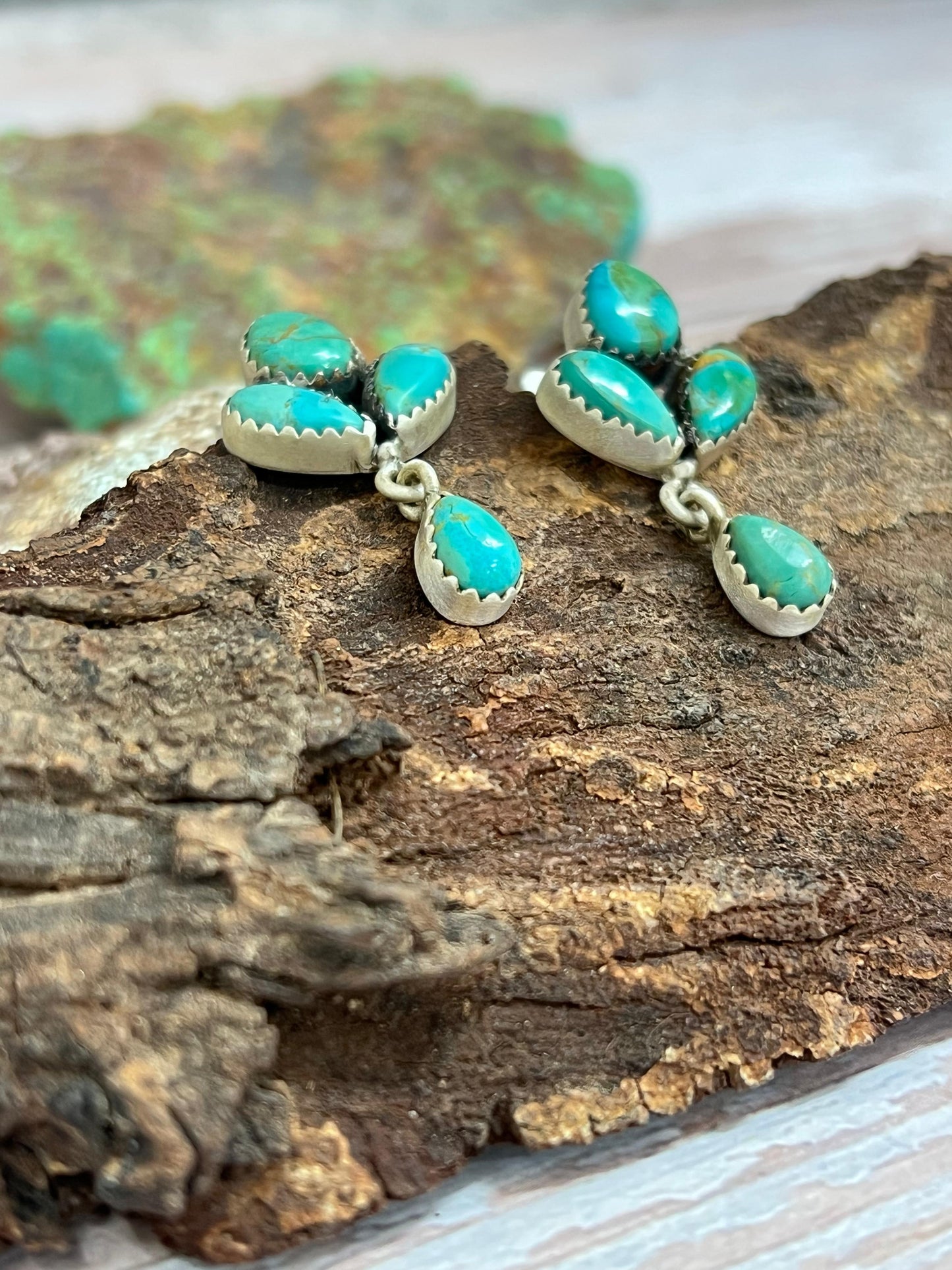 Handmade Sterling Silver Kingman Turquoise Post Dangle Earrings with Signed Nizhoni