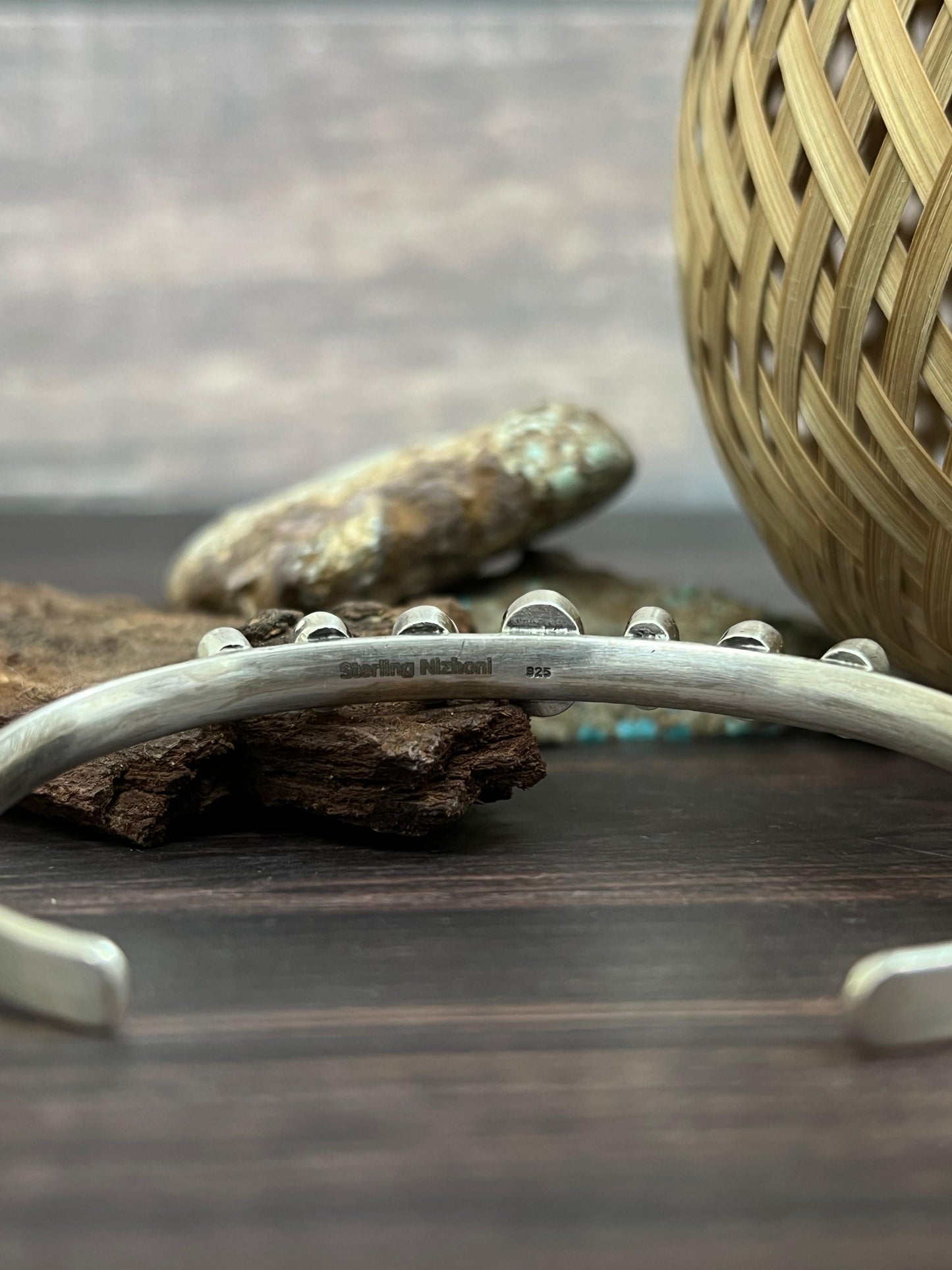 Handmade Sterling Silver Emerald Valley Turquoise Bracelet with Signed Nizhoni