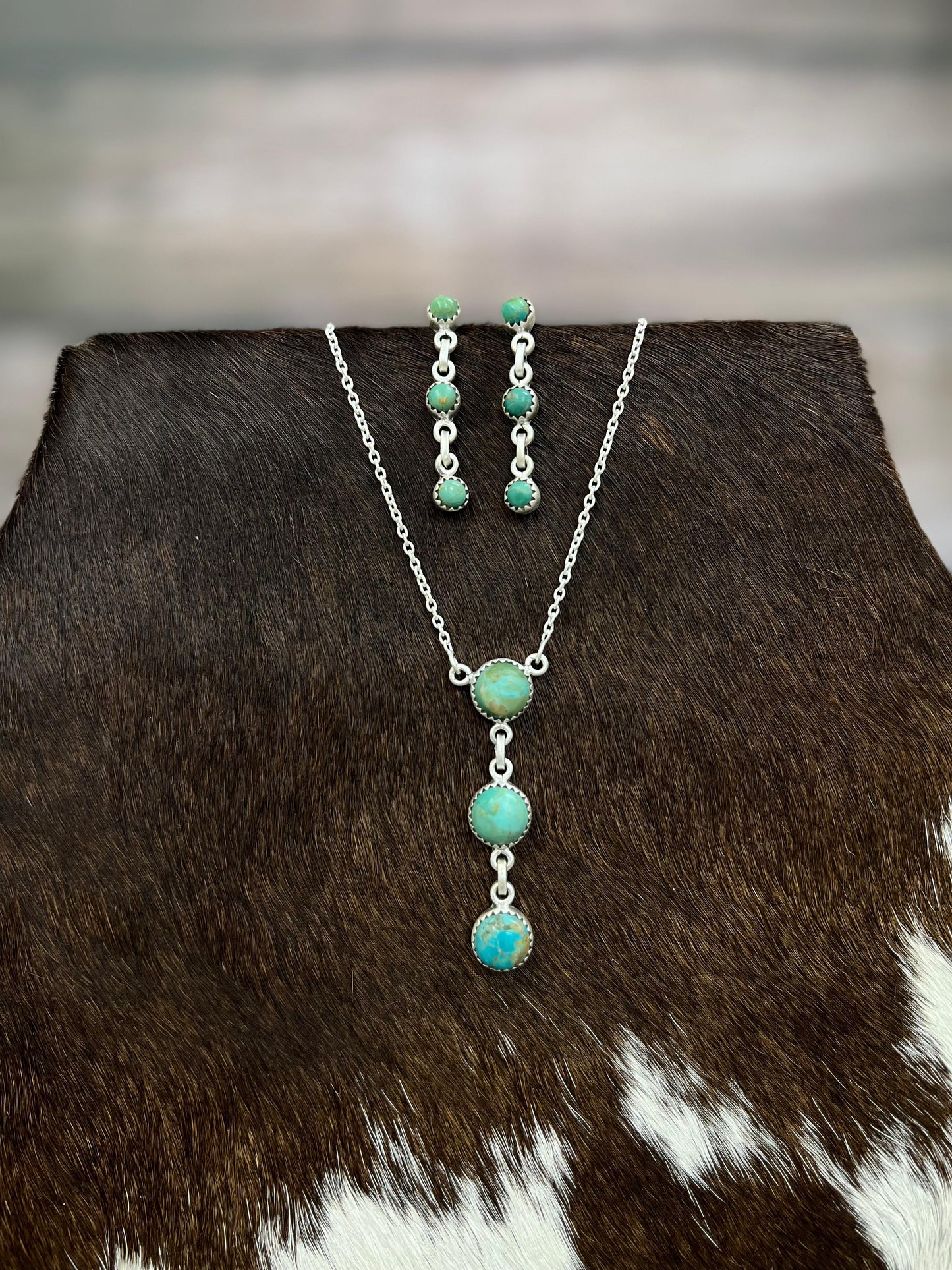 Handmade Sterling Silver Kingman Turquoise Necklace Earrings Set with Signed Nizhoni