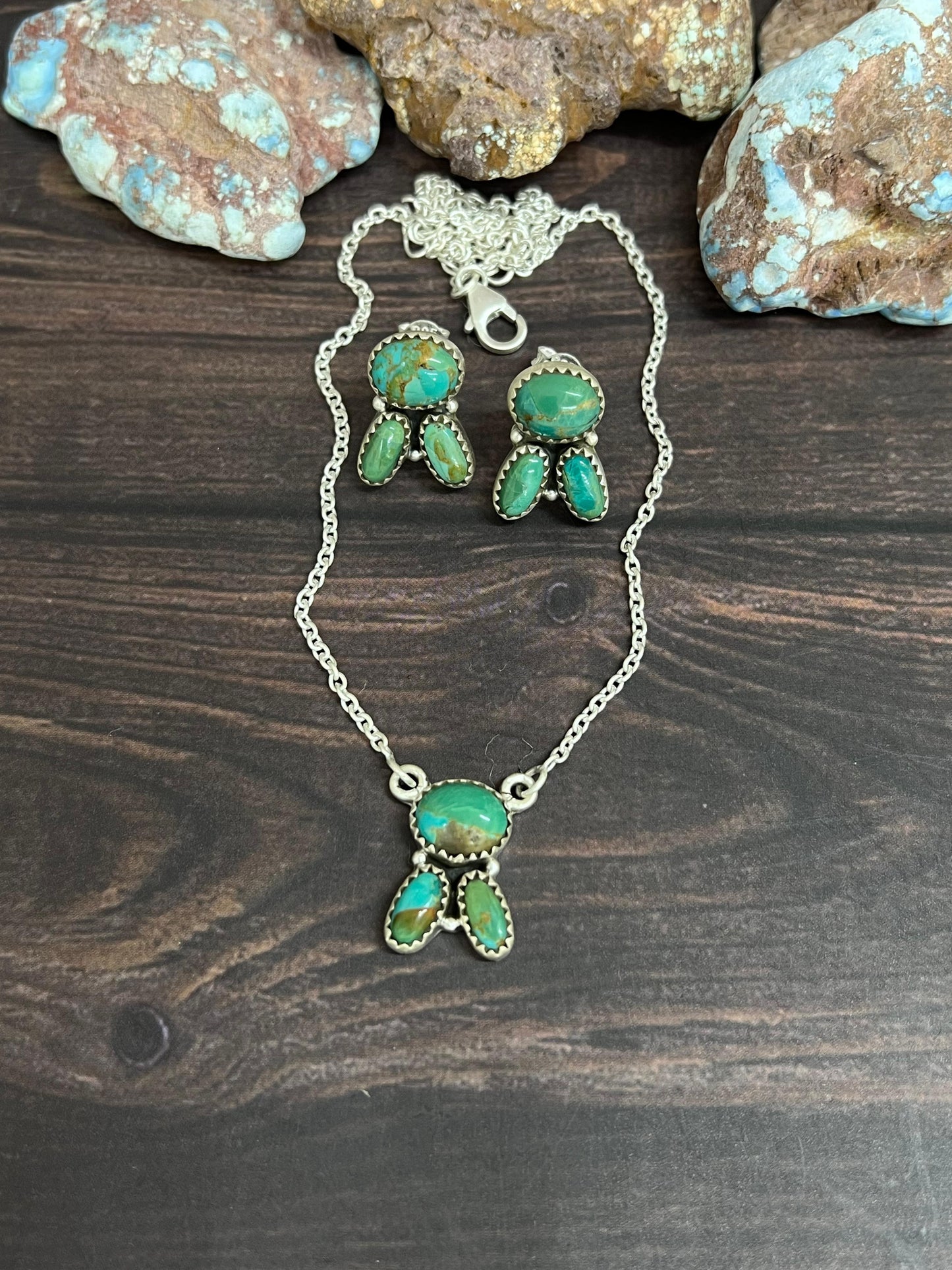 Handmade Sterling Silver Kingman Turquoise Necklace Earrings Set with Signed Nizhoni