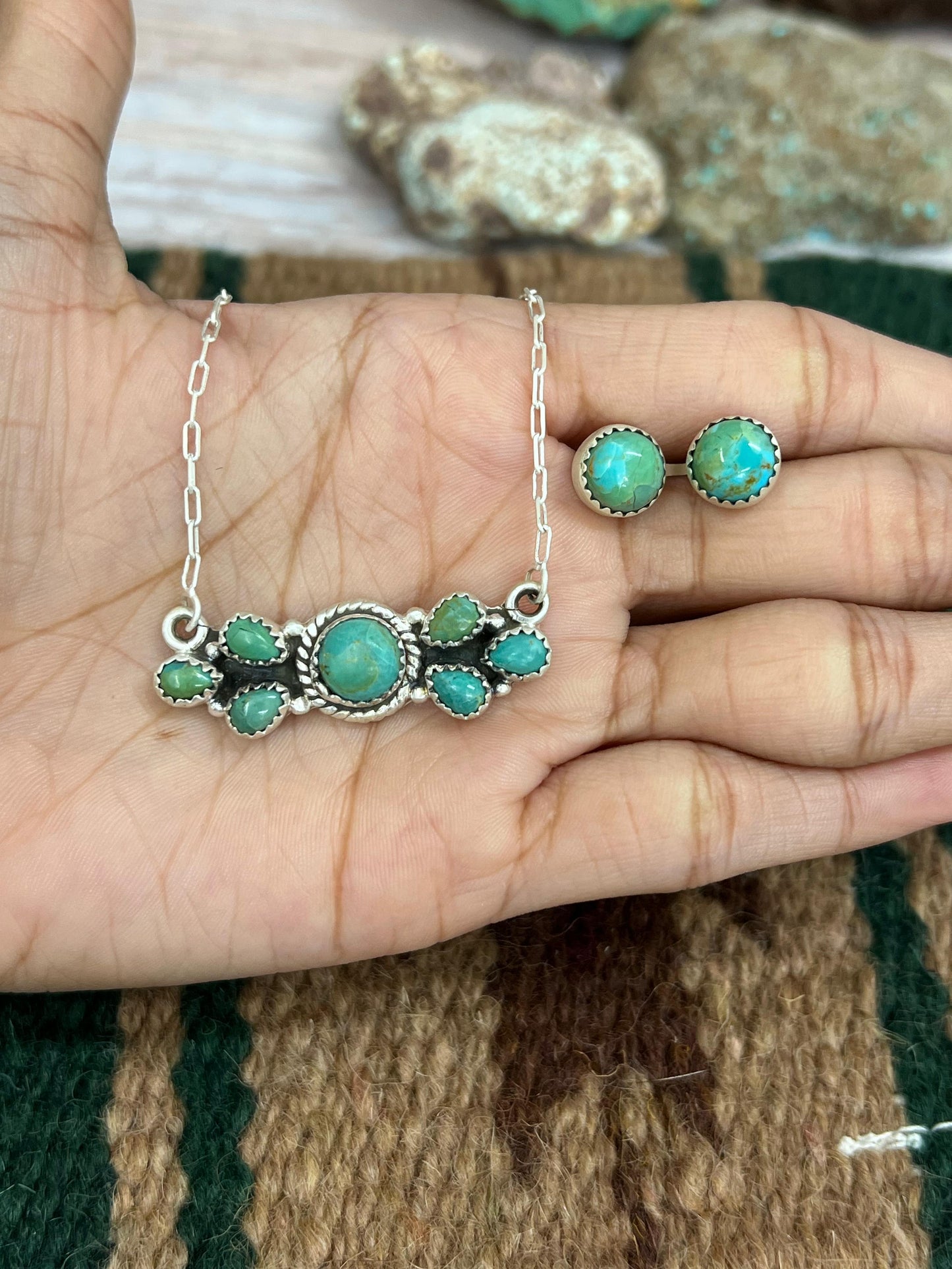 Handmade Sterling Silver Kingman Turquoise Necklace Earrings Set with Signed Nizhoni