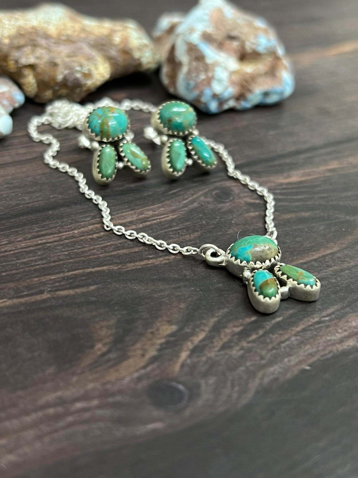 Handmade Sterling Silver Kingman Turquoise Necklace Earrings Set with Signed Nizhoni