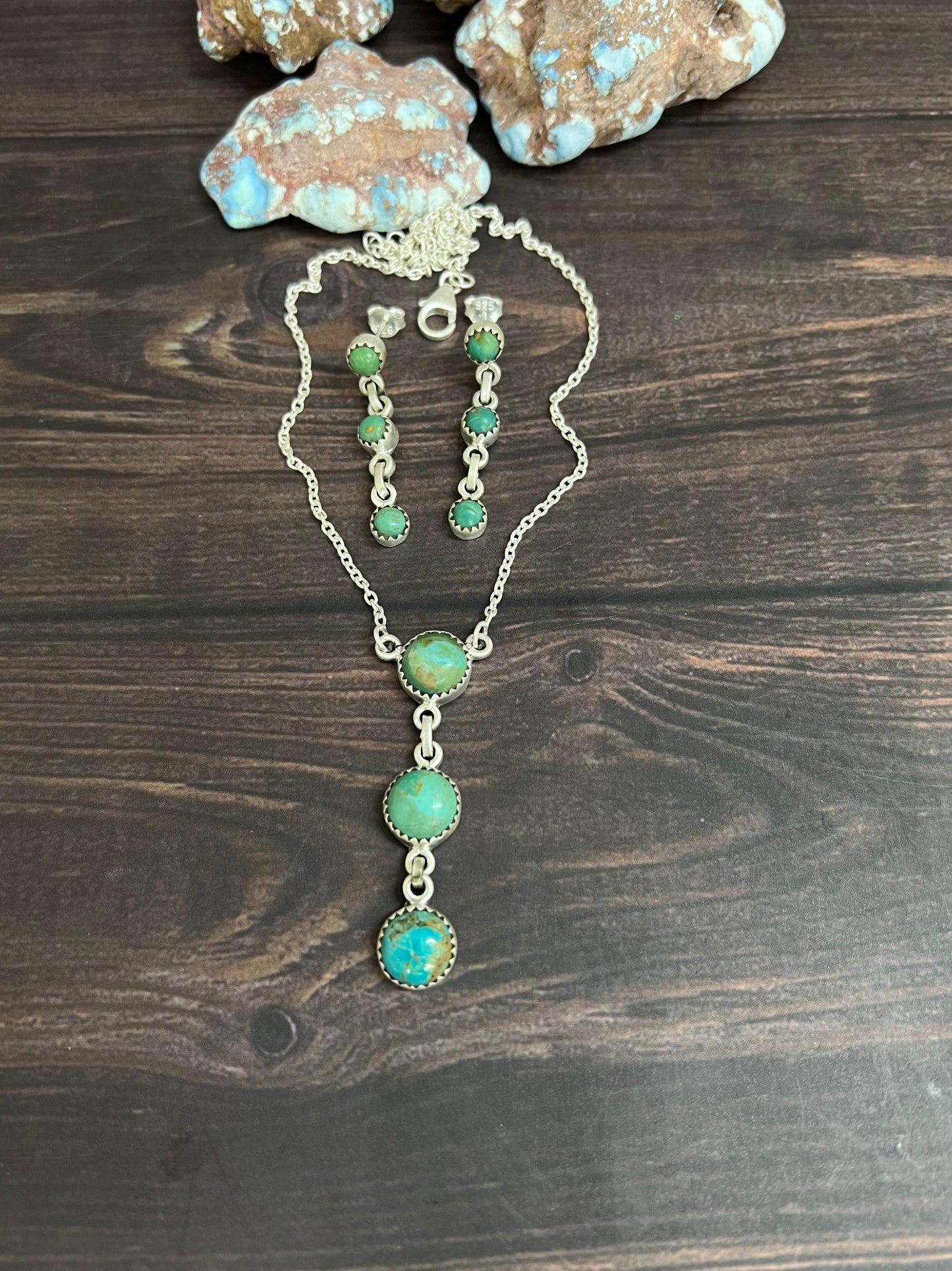 Handmade Sterling Silver Kingman Turquoise Necklace Earrings Set with Signed Nizhoni