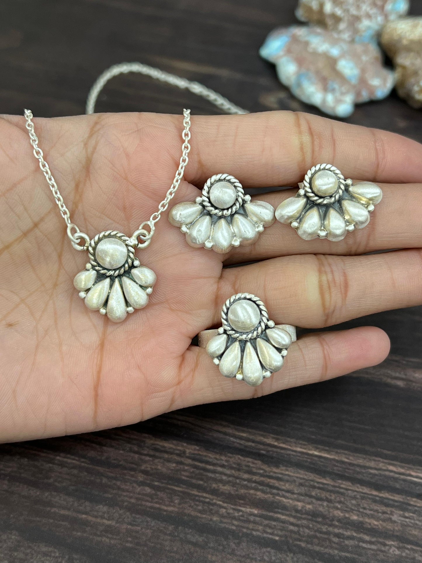 Handmade 'Sterling Silver' Necklace Earrings and Ring Set with Signed Nizhoni