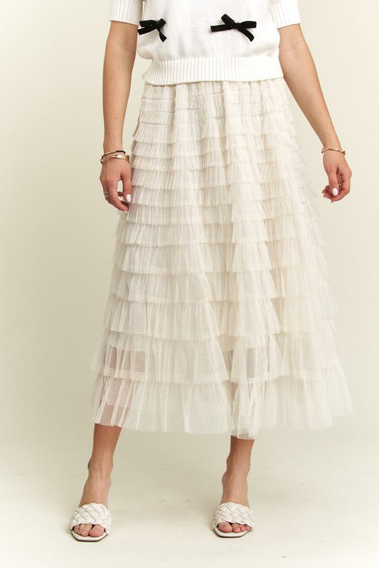 ADORA Elastic Waist Layered Mesh Midi Skirt