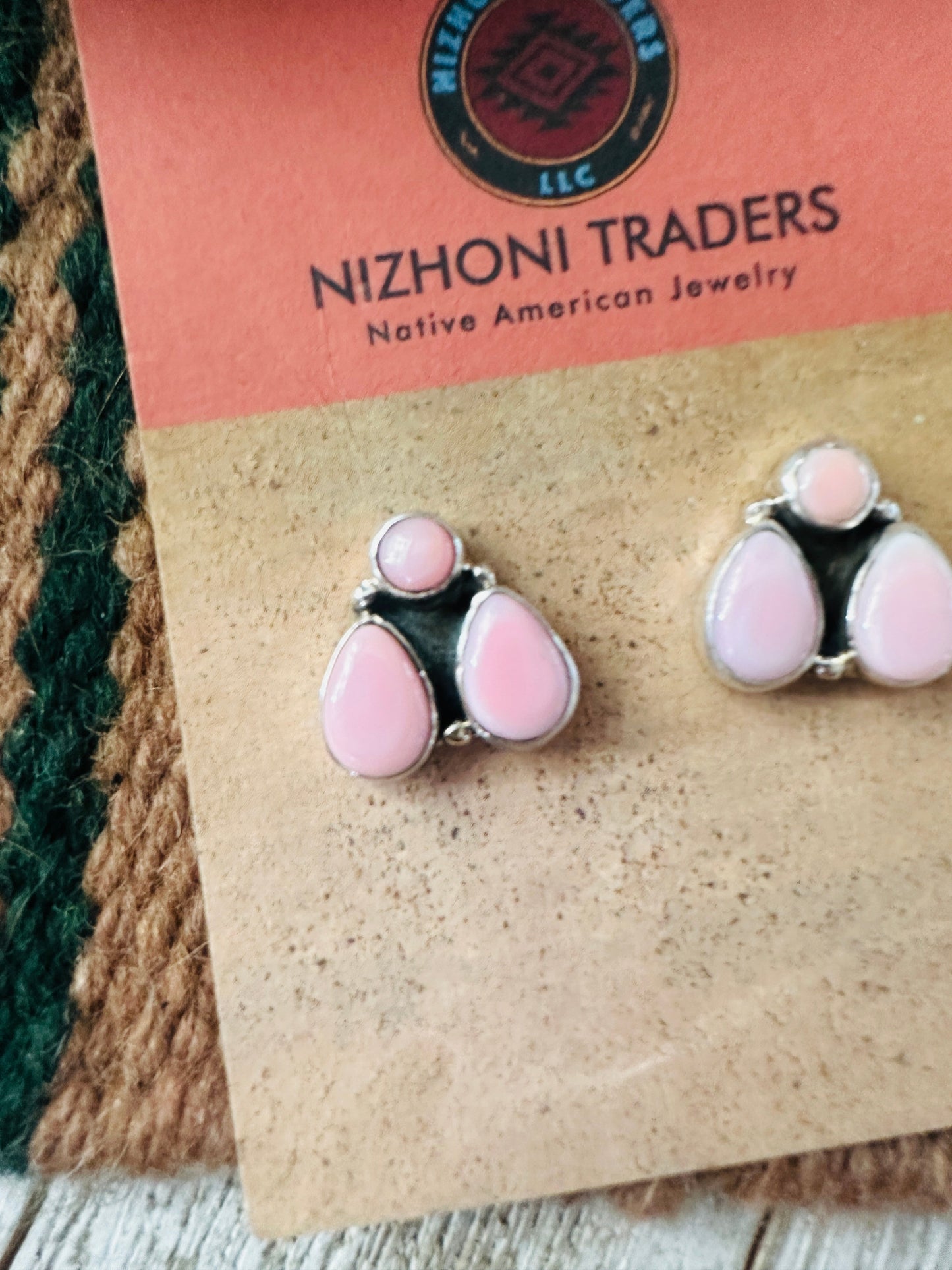 Navajo Queen Pink Conch & Sterling Silver Cluster Post Earrings