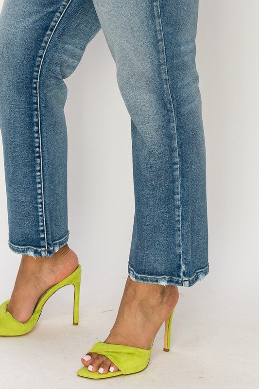 PLUS-HIGH RISE STRETCH DISTRESSED ANKLE STRAIGHT