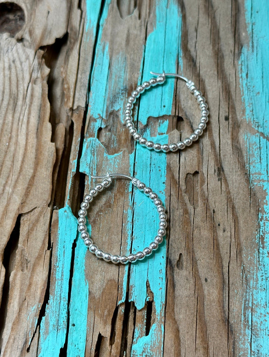 Beaded Hoop Earrings Sterling Silver  1 1/8”