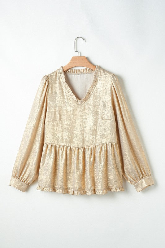 Women Metallic Frilled Puff Sleeve Babydoll Blouse