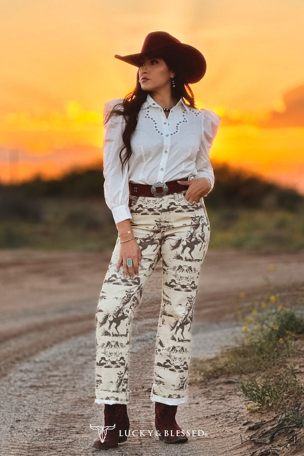 Beige Desert Printed High Rise Trouser Jeans (32in Inseam)