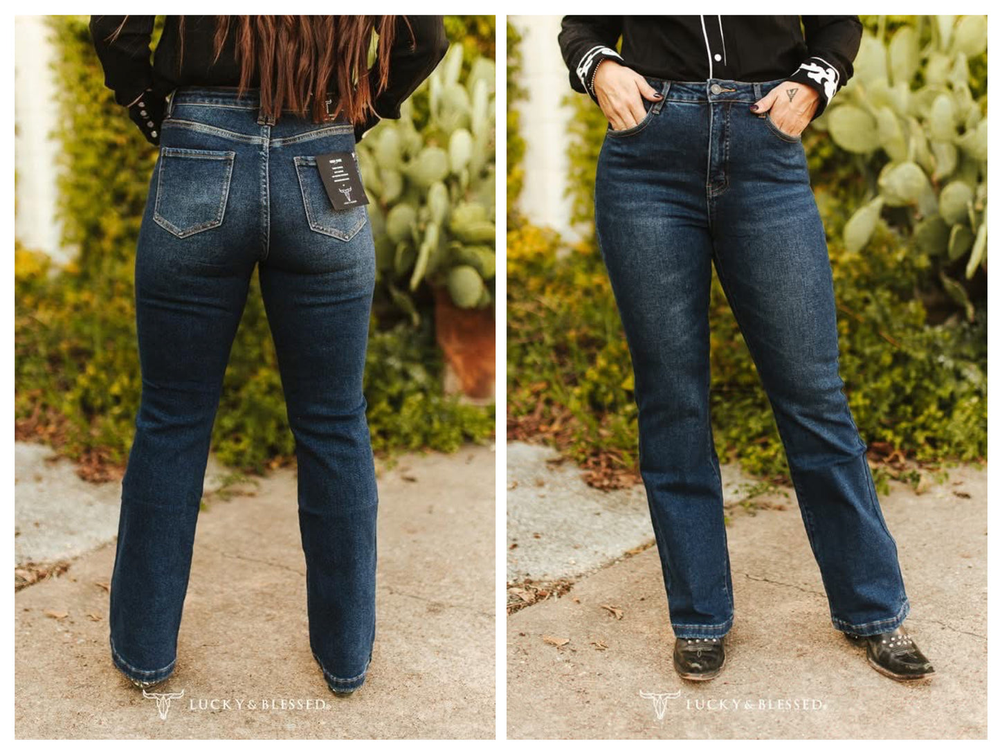Dark Wash High Rise Vintage Side Button Detail Bootcut Jeans (32in Inseam)