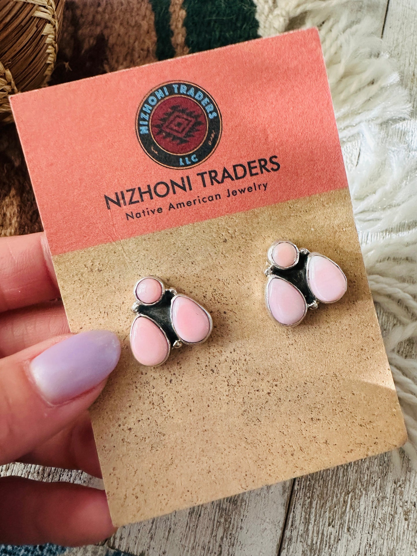 Navajo Queen Pink Conch & Sterling Silver Cluster Post Earrings