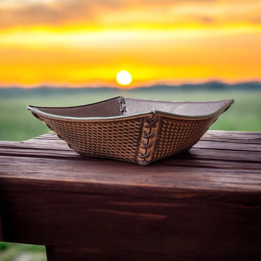 Basketweave tooled leather bowl