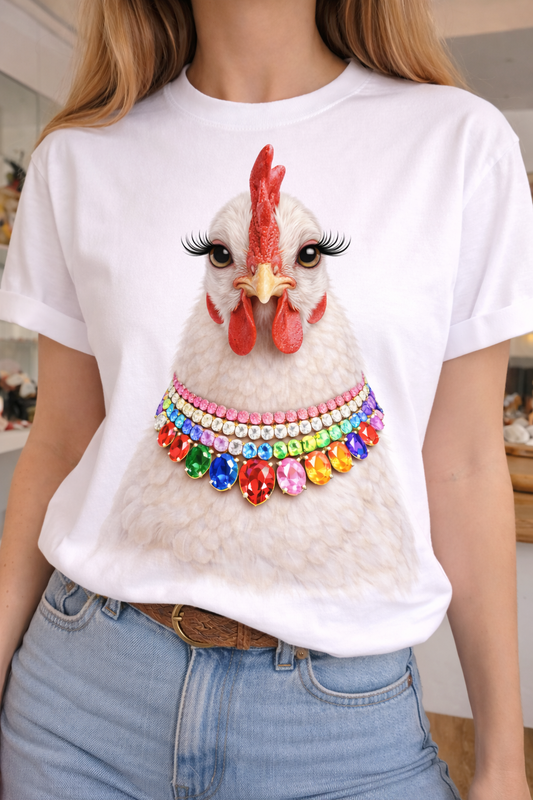 Jeweled Collar Chicken on White Crew: Yes All Blinged Out