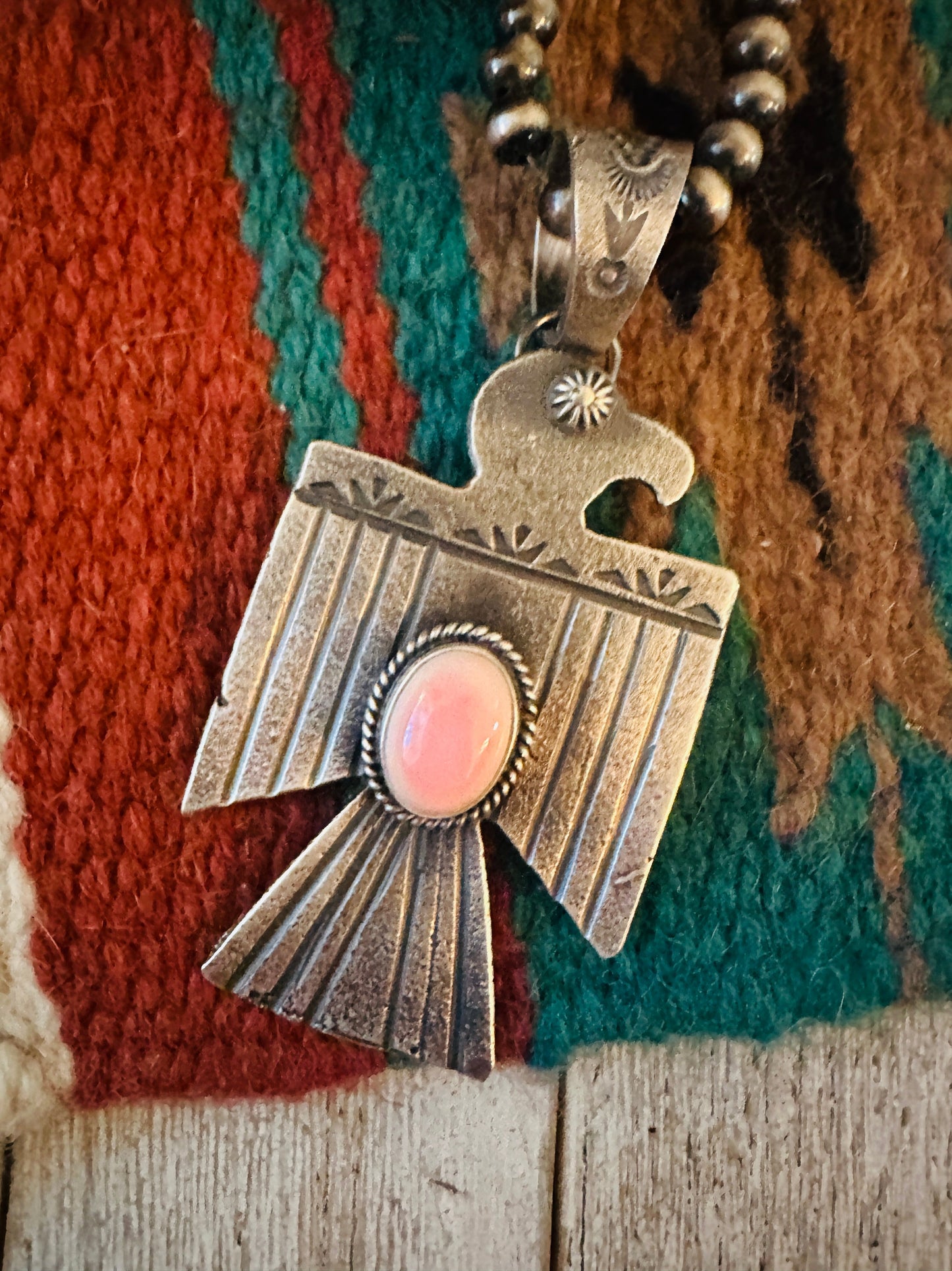 Navajo Sterling Silver & Queen Pink Conch Thunderbird Pendant by Kevin Billah