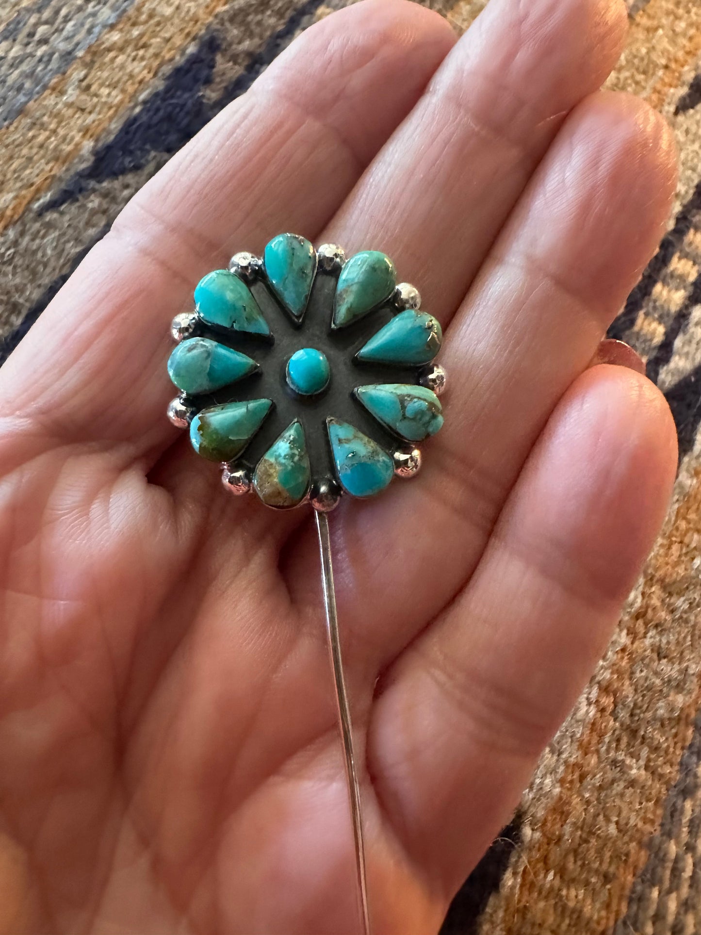 Handmade Sterling Silver and Turquoise Flower Hat Pin