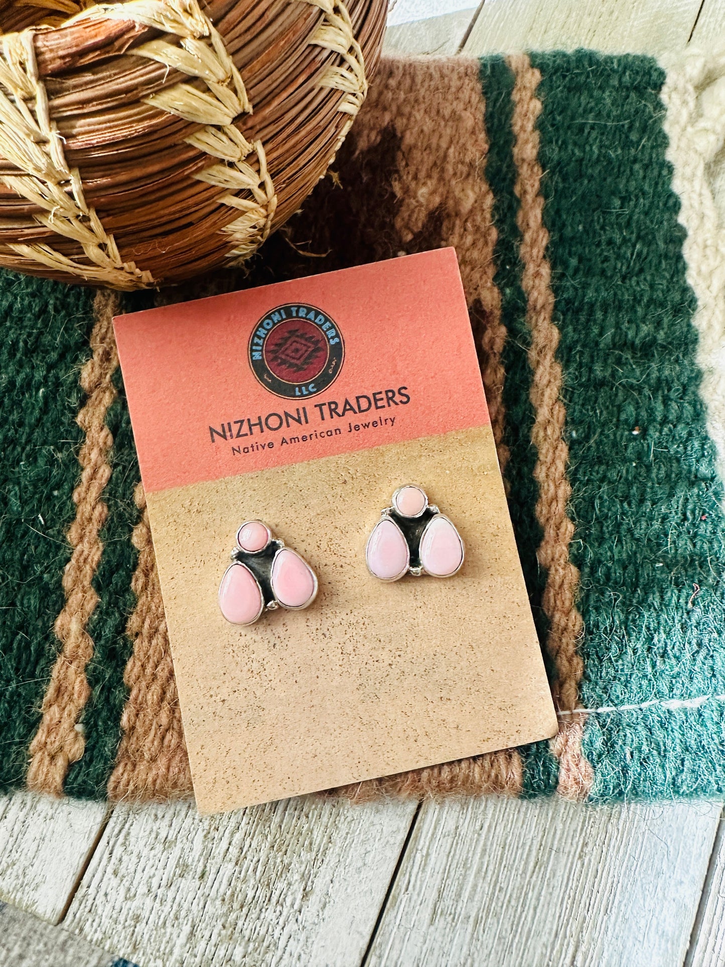 Navajo Queen Pink Conch & Sterling Silver Cluster Post Earrings