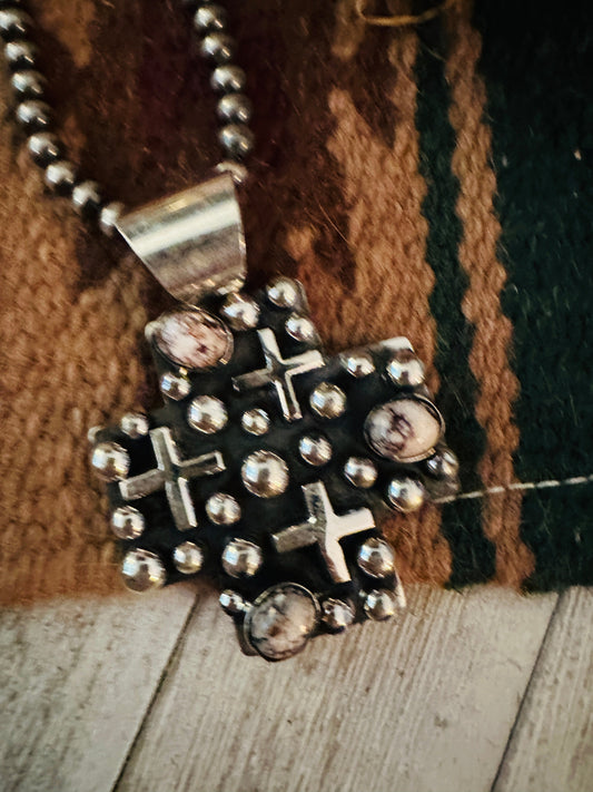 Navajo Wild Horse & Sterling Silver Cross Pendant by Chimney Butte